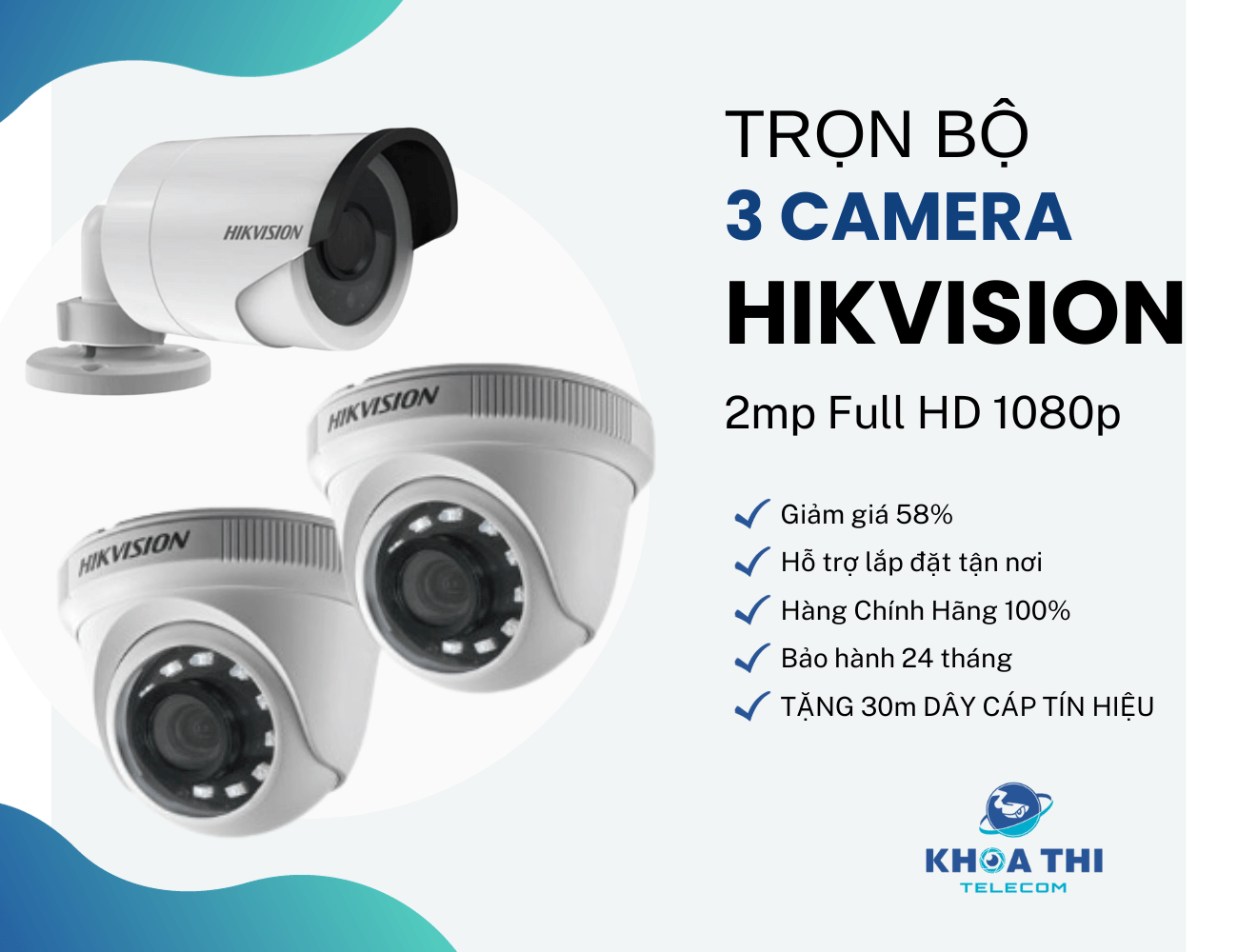 trọn bộ 3 camera Hikvision 2MP