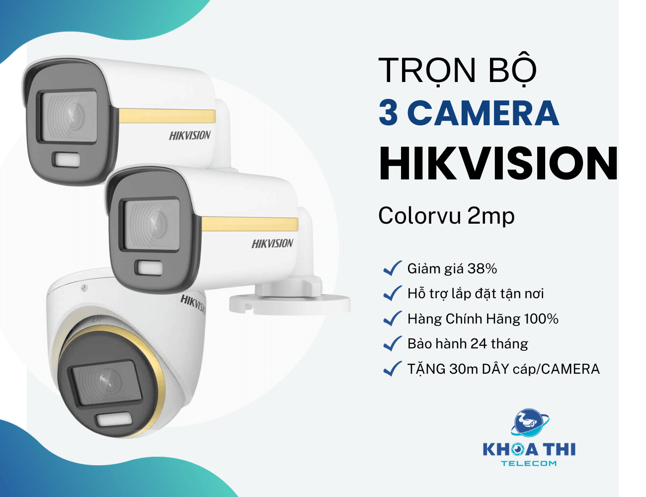 trọn bộ 3 camera hikvision colorvu 2mp