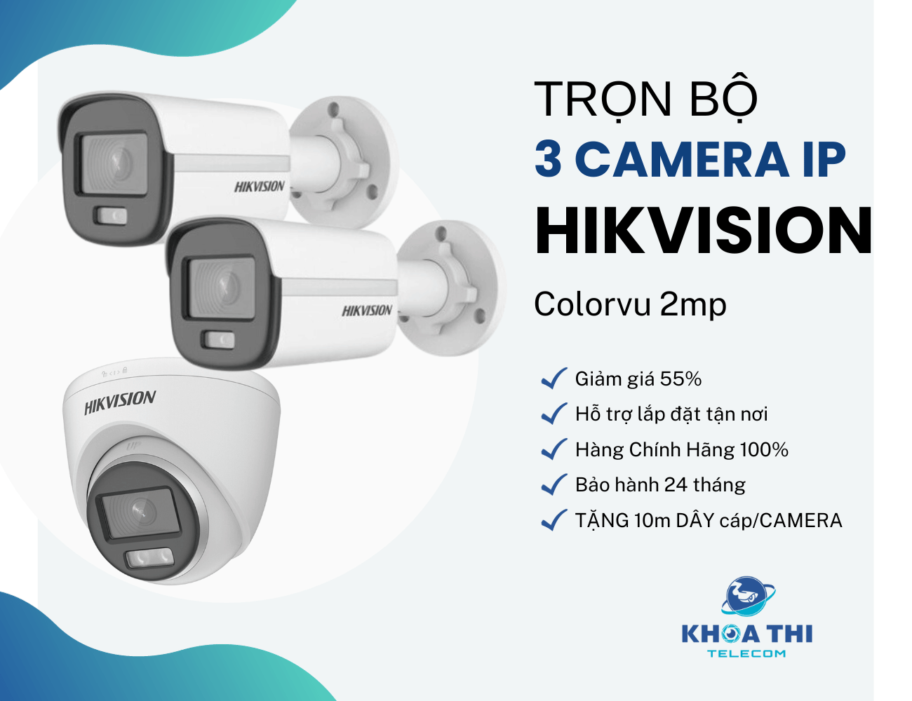 trọn bộ 3 camera ip hikvision colorvu 2mp