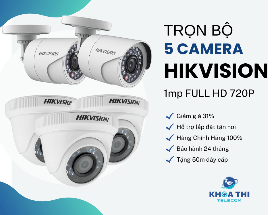 Trọn bộ 5 Camera Hikvision 1.0MP