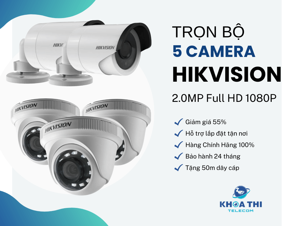 Trọn bộ 5 mắt camera Hikvision 2.0MP